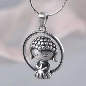 LITTLE BUDDHA CIRCLE PENDANT-Pure 925 Silver-Small-Tibet-Lotus-Osho-